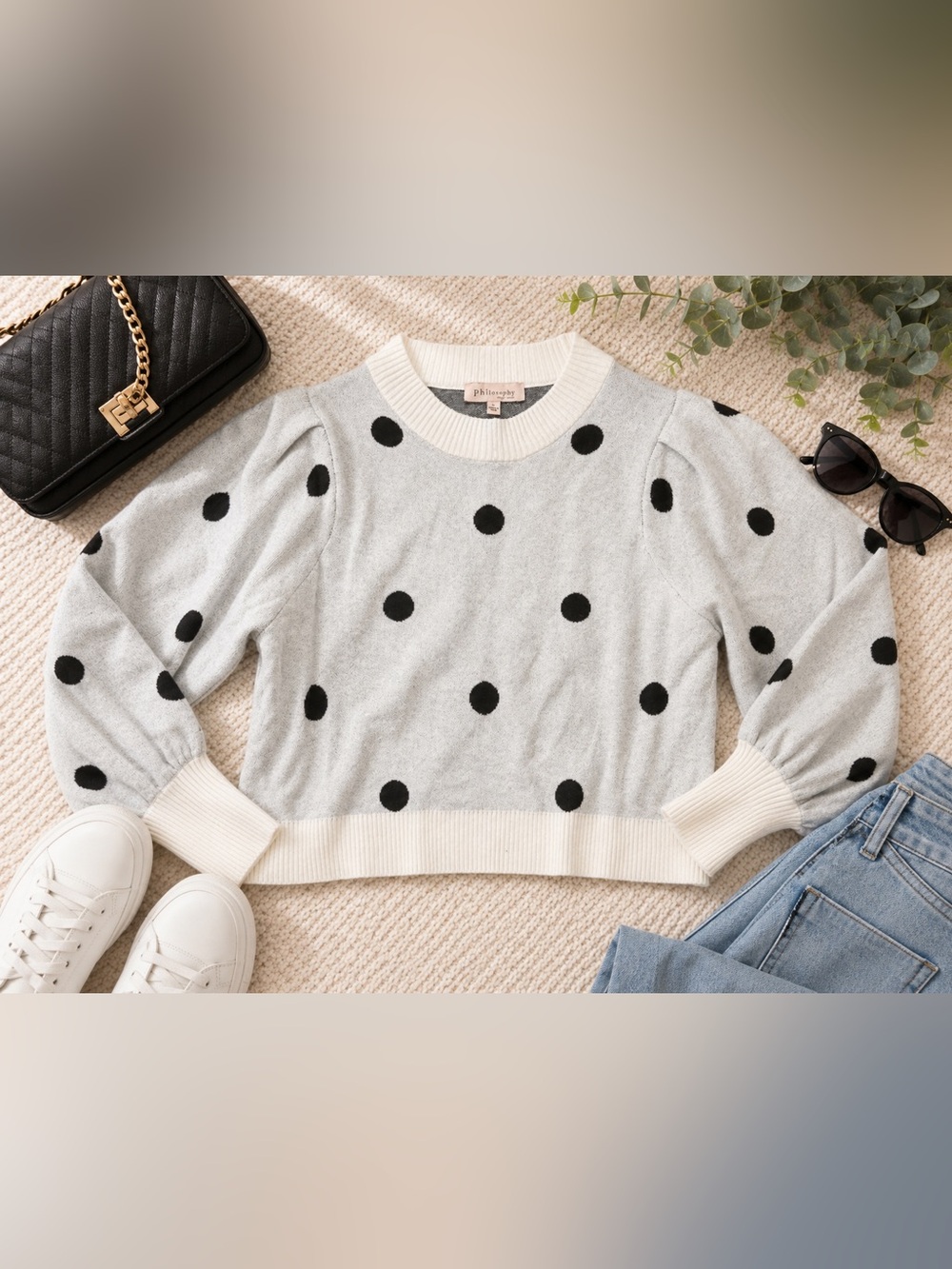Philosophy Women’s Gray Black Polka Dot Puff Sleeve Knit Sweater Size L